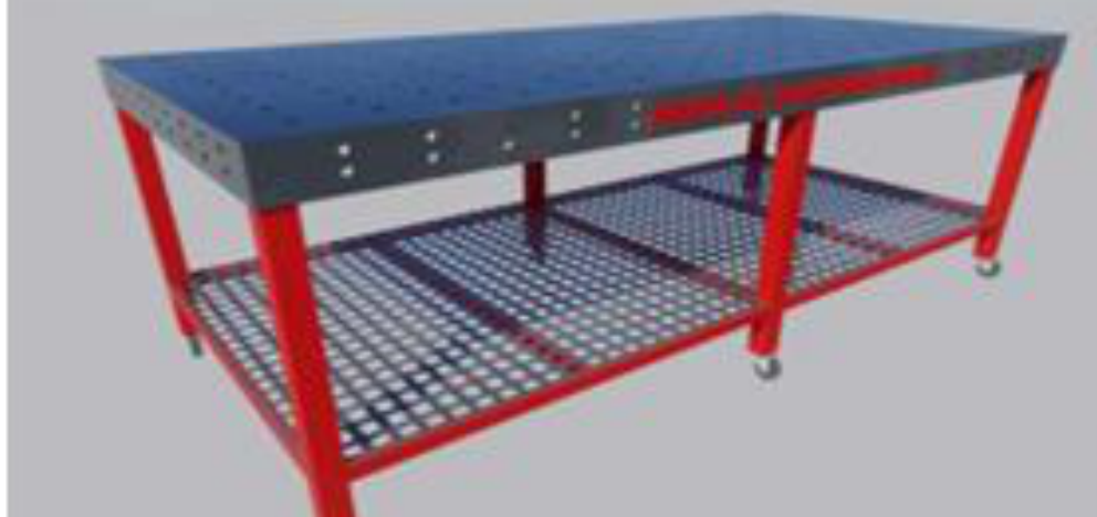 Mesa metálica de soldadura con patas rojas y bandeja perforada