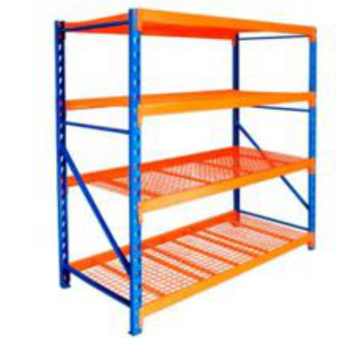 Percha metálica tipo rack naranja y azul para bodega